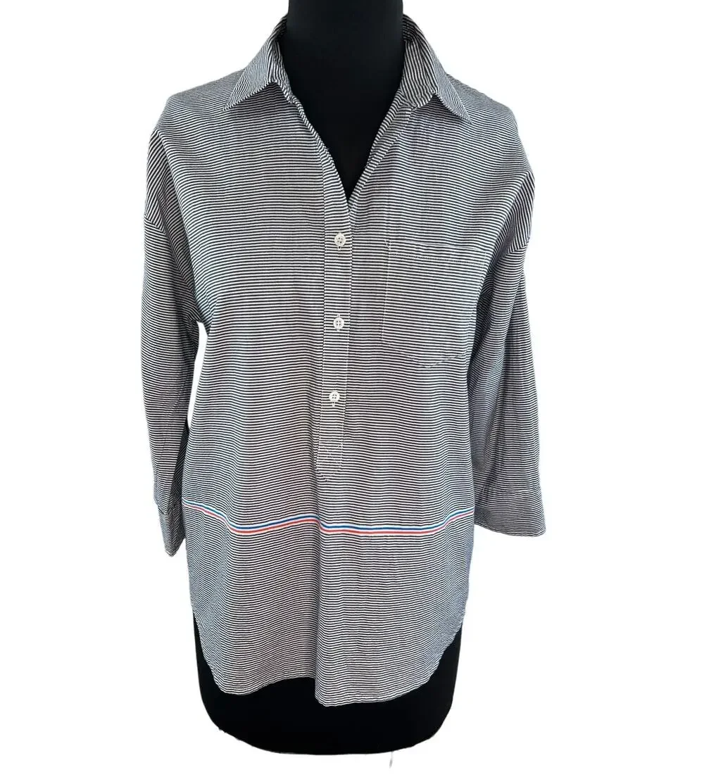 J Crew Black White Striped Roll Tab Sleeve Cotton Boyfriend Popover Size 4